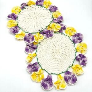 2 Vintage Handmade Crochet Pansy Doilies Set Tatted Purple Yellow Spring Flowers